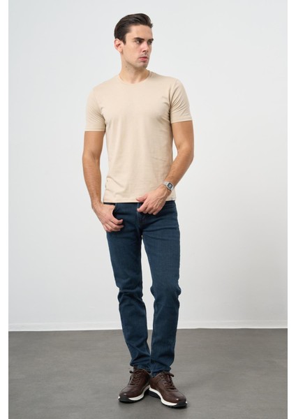 Bej Kısa Kol Düz Bez Ayağı Bisiklet Yaka Casual Slim Fit Tişört 1011245193