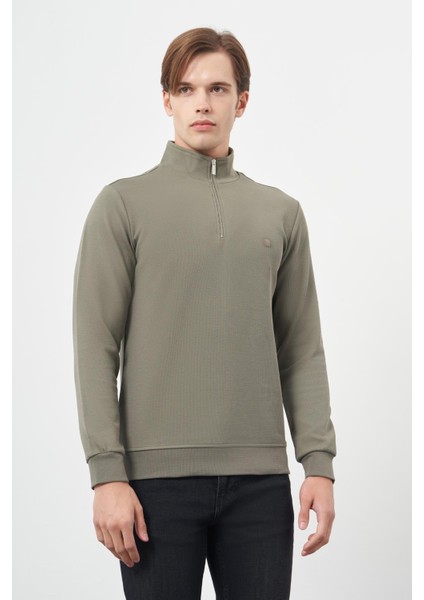 Koyu Haki Örme Hakim Yaka Pamuklu Casual Slim Fit Dar Kesim Sweatshirt 1013245151