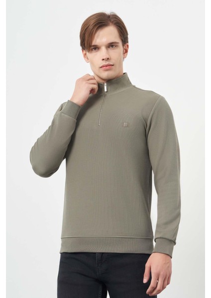 Koyu Haki Örme Hakim Yaka Pamuklu Casual Slim Fit Dar Kesim Sweatshirt 1013245151 modelleri