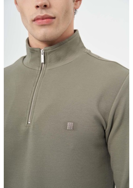 Koyu Haki Örme Hakim Yaka Pamuklu Casual Slim Fit Dar Kesim Sweatshirt 1013245151 fırsatları