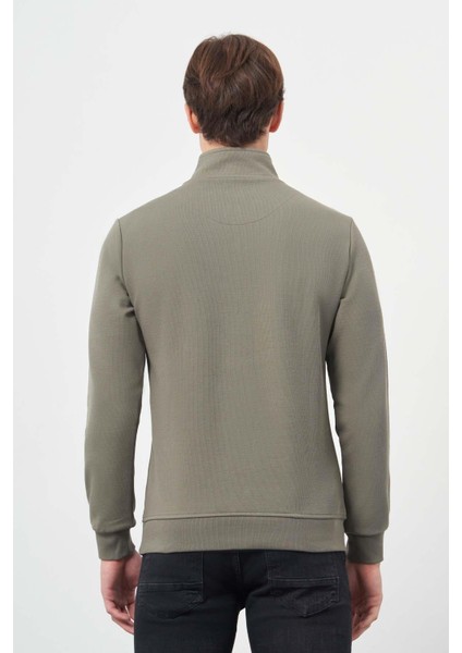 Koyu Haki Örme Hakim Yaka Pamuklu Casual Slim Fit Dar Kesim Sweatshirt 1013245151 indirimleri