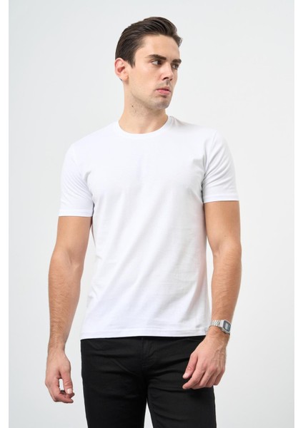 Beyaz Kısa Kol Düz Bez Ayağı Bisiklet Yaka Casual Slim Fit Tişört 1011245193
