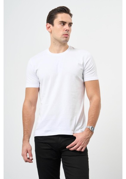 Beyaz Kısa Kol Düz Bez Ayağı Bisiklet Yaka Casual Slim Fit Tişört 1011245193