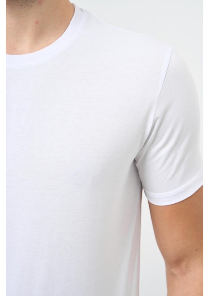 Beyaz Kısa Kol Düz Bez Ayağı Bisiklet Yaka Casual Slim Fit Tişört 1011245193