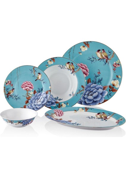 Floral Blue Porselen 27 Parça 6 Kişilik Yemek Takımı Kayık Tabaklı