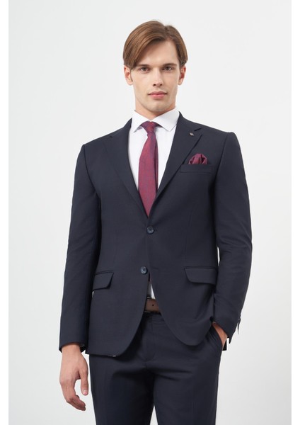 Koyu Lacivert Armürlü Mono Yaka Tam Astar Esnek 6 Drop Slim Fit Classic Takım Elbise 1001245175