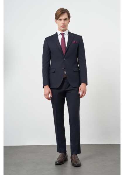 Koyu Lacivert Armürlü Mono Yaka Tam Astar Esnek 6 Drop Slim Fit Classic Takım Elbise 1001245175