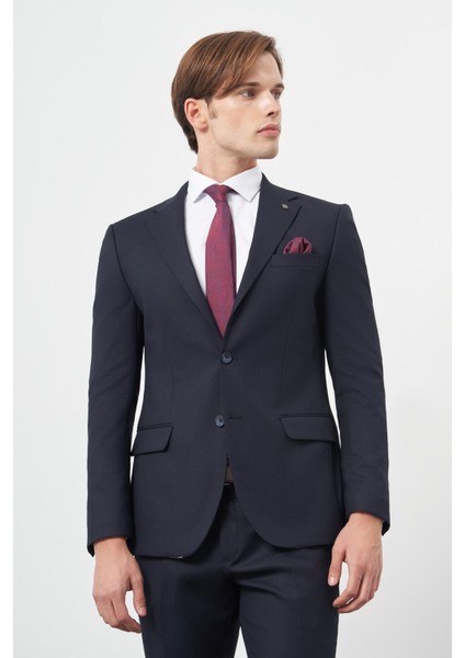 Koyu Lacivert Armürlü Mono Yaka Tam Astar Esnek 6 Drop Slim Fit Classic Takım Elbise 1001245175