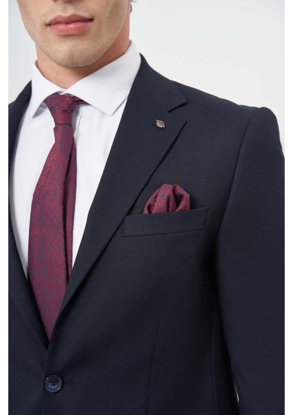 Koyu Lacivert Armürlü Mono Yaka Tam Astar Esnek 6 Drop Slim Fit Classic Takım Elbise 1001245175