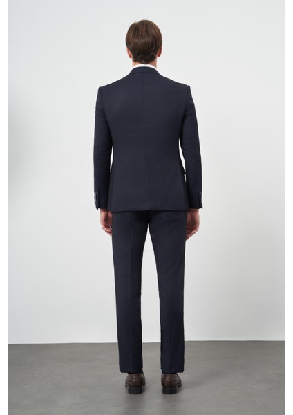 Koyu Lacivert Armürlü Mono Yaka Tam Astar Esnek 6 Drop Slim Fit Classic Takım Elbise 1001245175