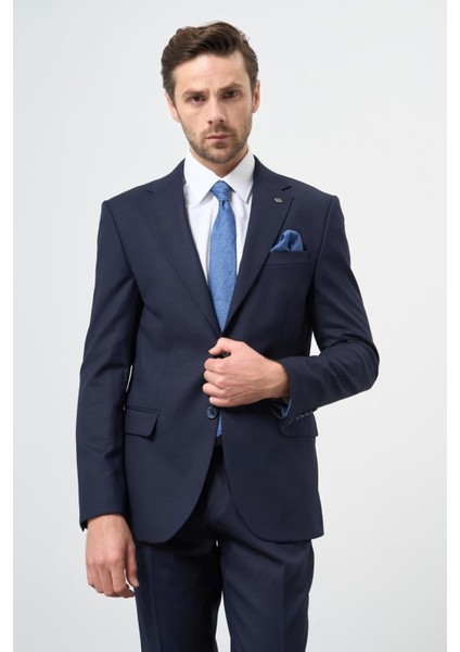 Lacivert Armürlü Mono Yaka Tam Astar Esnek 6 Drop Slim Fit Classic Takım Elbise 1001245175