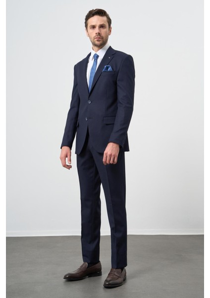 Lacivert Armürlü Mono Yaka Tam Astar Esnek 6 Drop Slim Fit Classic Takım Elbise 1001245175