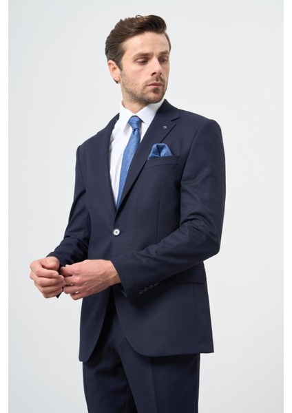 Lacivert Armürlü Mono Yaka Tam Astar Esnek 6 Drop Slim Fit Classic Takım Elbise 1001245175