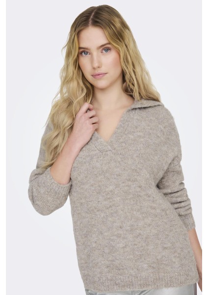 Onlmaggıe Lıfe Ls Splıt Neck cc Knt Koyu Bej 15324310