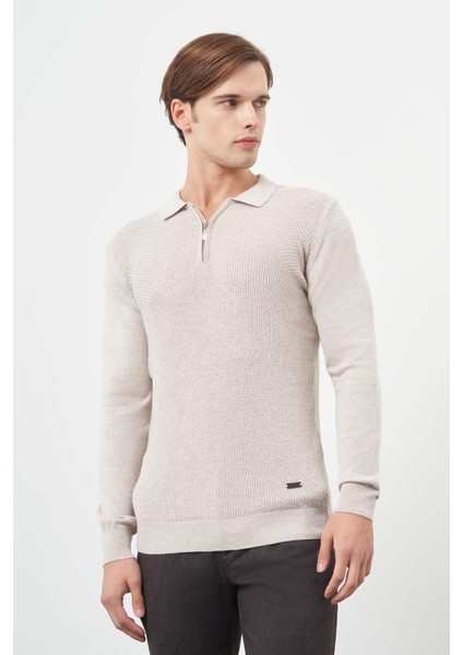 Bej Uzun Kol Kendinden Desenli Örme Polo Yaka Classic Comfort Fit Triko 1012245156