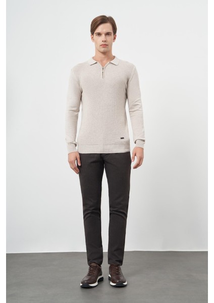 Bej Uzun Kol Kendinden Desenli Örme Polo Yaka Classic Comfort Fit Triko 1012245156 fiyatları