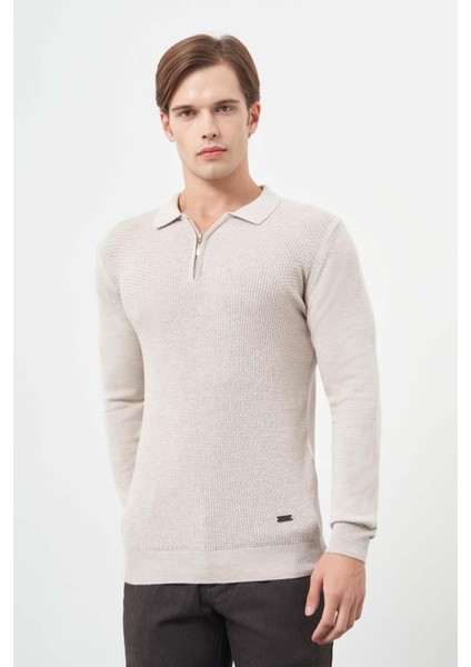 Bej Uzun Kol Kendinden Desenli Örme Polo Yaka Classic Comfort Fit Triko 1012245156 modelleri