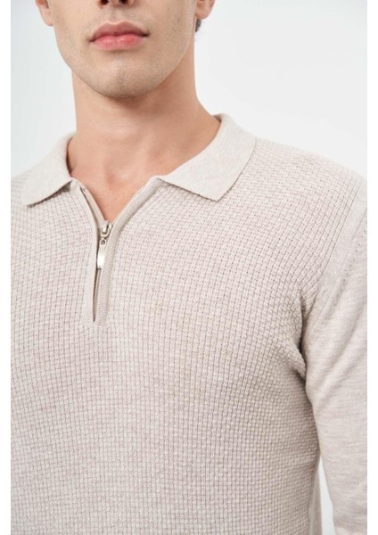 Bej Uzun Kol Kendinden Desenli Örme Polo Yaka Classic Comfort Fit Triko 1012245156 fırsatları