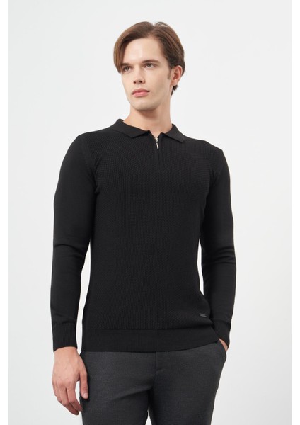 Siyah Uzun Kol Kendinden Desenli Örme Polo Yaka Classic Comfort Fit Triko 1012245156