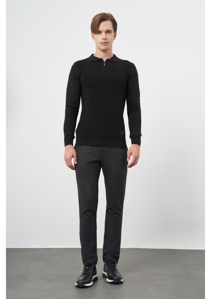Siyah Uzun Kol Kendinden Desenli Örme Polo Yaka Classic Comfort Fit Triko 1012245156 fiyatları