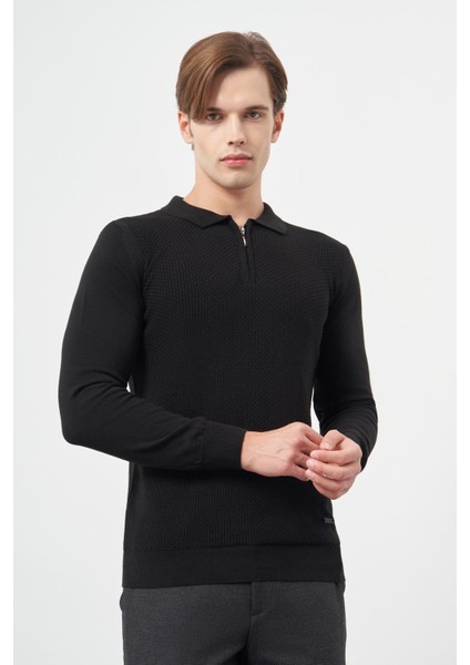 Siyah Uzun Kol Kendinden Desenli Örme Polo Yaka Classic Comfort Fit Triko 1012245156 modelleri