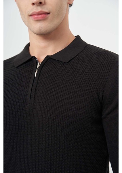 Siyah Uzun Kol Kendinden Desenli Örme Polo Yaka Classic Comfort Fit Triko 1012245156 fırsatları
