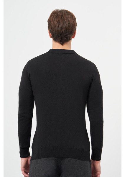 Siyah Uzun Kol Kendinden Desenli Örme Polo Yaka Classic Comfort Fit Triko 1012245156 indirimleri