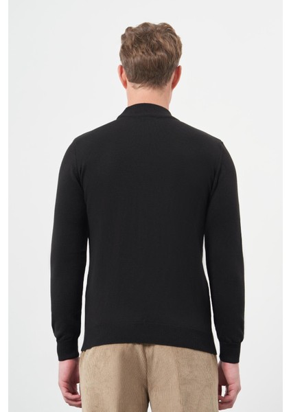 Siyah Uzun Kol Kendinden Desenli Örme Yarım Balıkçı Yaka Classic Comfort Fit Triko 1012245153 indirimleri