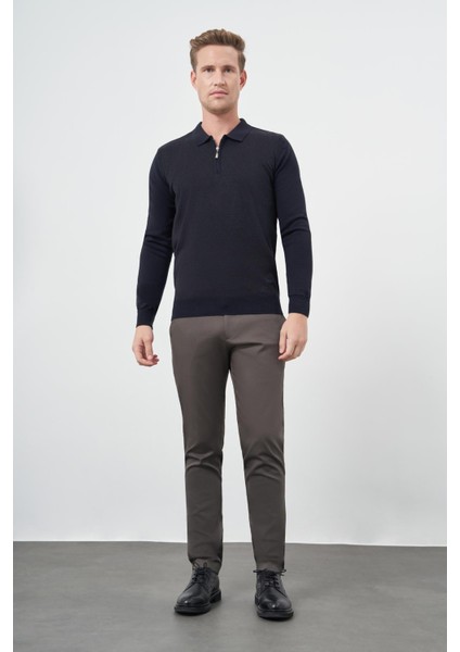 Koyu Lacivert Uzun Kol Kendinden Desenli Örme Polo Yaka Classic Comfort Fit Triko 1012245160 fiyatları