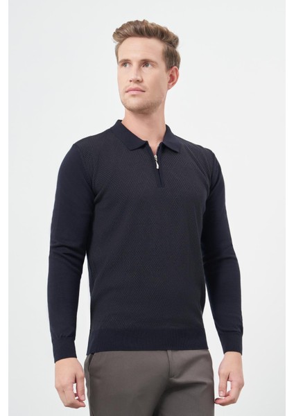 Koyu Lacivert Uzun Kol Kendinden Desenli Örme Polo Yaka Classic Comfort Fit Triko 1012245160 modelleri