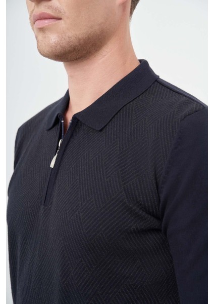 Koyu Lacivert Uzun Kol Kendinden Desenli Örme Polo Yaka Classic Comfort Fit Triko 1012245160 fırsatları