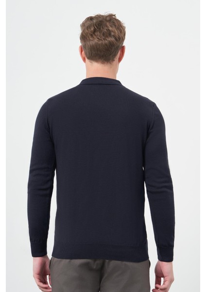 Koyu Lacivert Uzun Kol Kendinden Desenli Örme Polo Yaka Classic Comfort Fit Triko 1012245160 indirimleri