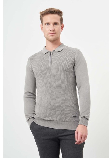 Gri Uzun Kol Kendinden Desenli Örme Polo Yaka Classic Comfort Fit Triko 1012245156