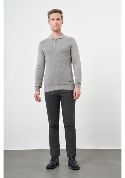 Gri Uzun Kol Kendinden Desenli Örme Polo Yaka Classic Comfort Fit Triko 1012245156 fiyatları