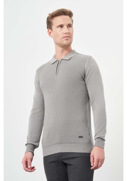 Gri Uzun Kol Kendinden Desenli Örme Polo Yaka Classic Comfort Fit Triko 1012245156 modelleri