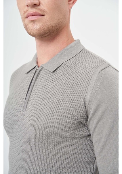 Gri Uzun Kol Kendinden Desenli Örme Polo Yaka Classic Comfort Fit Triko 1012245156 fırsatları