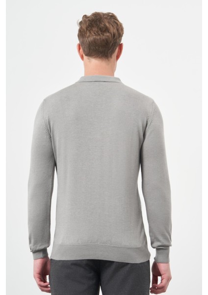 Gri Uzun Kol Kendinden Desenli Örme Polo Yaka Classic Comfort Fit Triko 1012245156 indirimleri