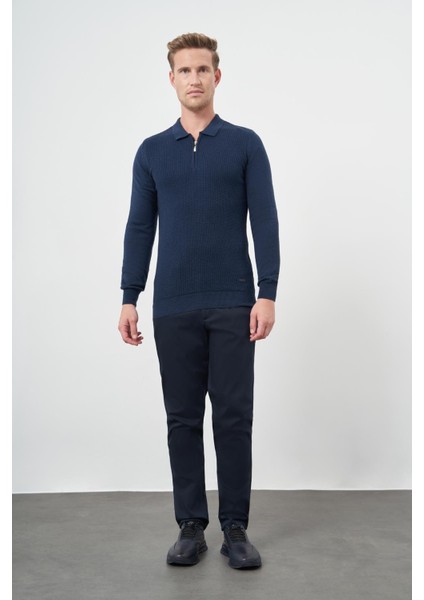 Indigo Mavi Uzun Kol Kendinden Desenli Örme Polo Yaka Classic Comfort Fit Triko 1012245156 fiyatları