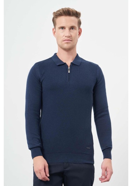 Indigo Mavi Uzun Kol Kendinden Desenli Örme Polo Yaka Classic Comfort Fit Triko 1012245156 modelleri