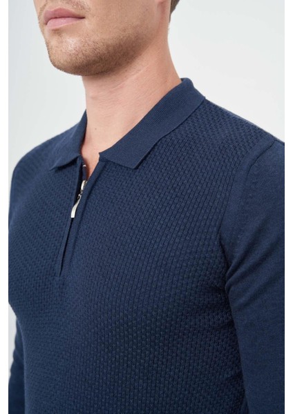 Indigo Mavi Uzun Kol Kendinden Desenli Örme Polo Yaka Classic Comfort Fit Triko 1012245156 fırsatları