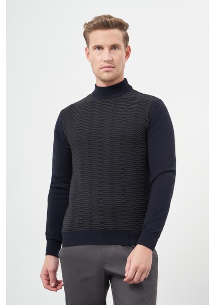 Koyu Lacivert Uzun Kol Kendinden Örme Yarım Balıkçı Yaka Classic Comfort Fit Triko 1012245157