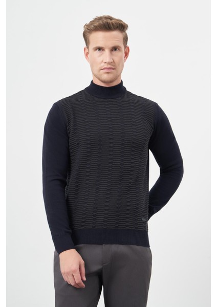 Koyu Lacivert Uzun Kol Kendinden Örme Yarım Balıkçı Yaka Classic Comfort Fit Triko 1012245157 modelleri