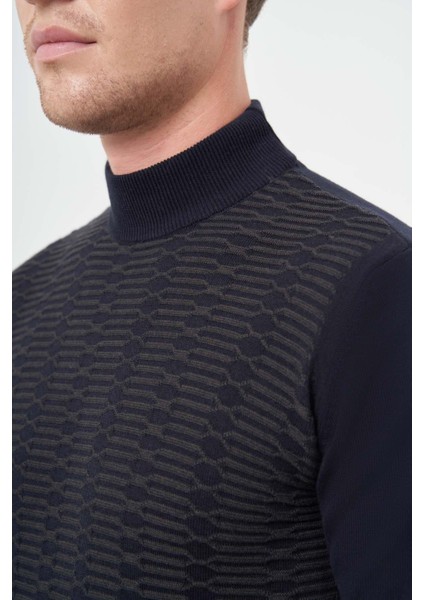 Koyu Lacivert Uzun Kol Kendinden Örme Yarım Balıkçı Yaka Classic Comfort Fit Triko 1012245157 fırsatları