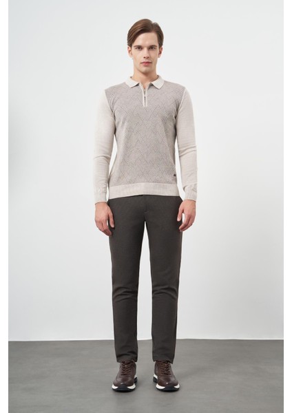 Bej Uzun Kol Kendinden Desenli Örme Polo Yaka Classic Comfort Fit Triko 1012245160 modelleri