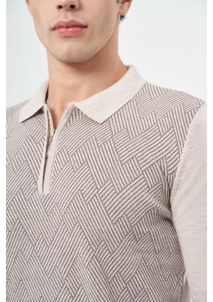 Bej Uzun Kol Kendinden Desenli Örme Polo Yaka Classic Comfort Fit Triko 1012245160 fırsatları