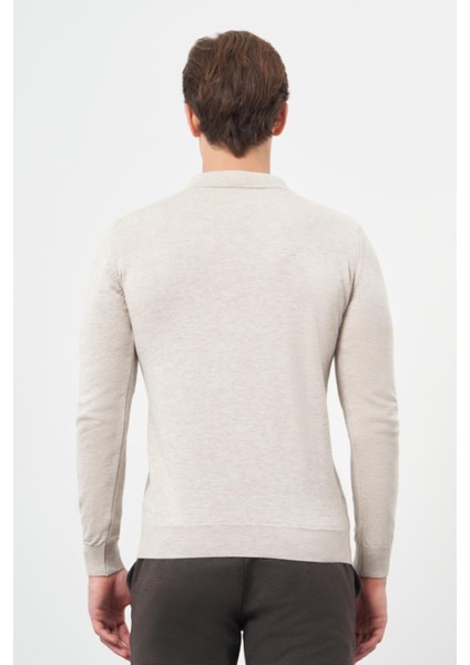 Bej Uzun Kol Kendinden Desenli Örme Polo Yaka Classic Comfort Fit Triko 1012245160 indirimleri