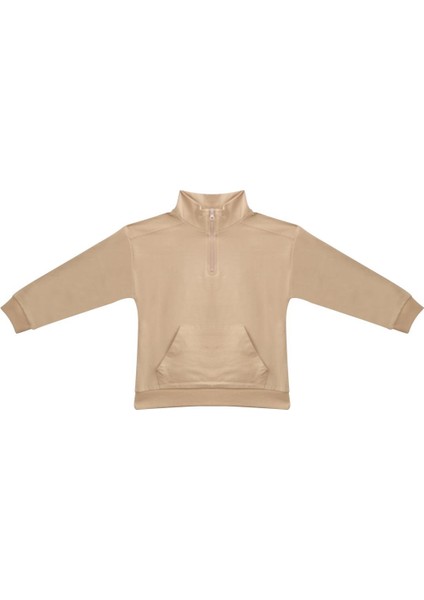 Unisex Çocuk Yakalı Fermuarlı Sweatshirt - Bej