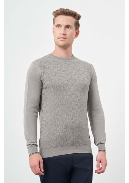 Gri Uzun Kol Kendinden Desenli Örme Bisiklet Yaka Classic Slim Fit Triko 1012245200 fiyatları