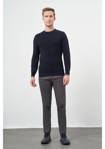 Koyu Lacivert Uzun Kol Kendinden Desenli Örme Bisiklet Yaka Classic Slim Fit Triko 1012245200 fiyatları