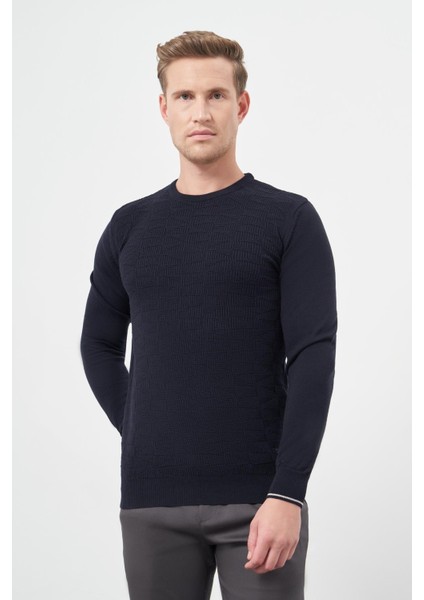 Koyu Lacivert Uzun Kol Kendinden Desenli Örme Bisiklet Yaka Classic Slim Fit Triko 1012245200 modelleri